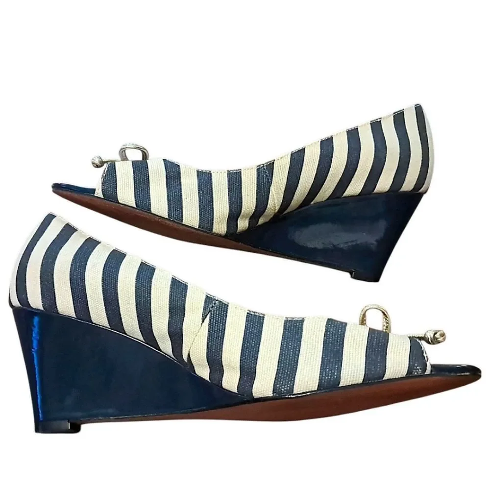 Kate Spade New York Melinda Canvas & Patent Leather Peep Toe Wedges Navy / Ivory